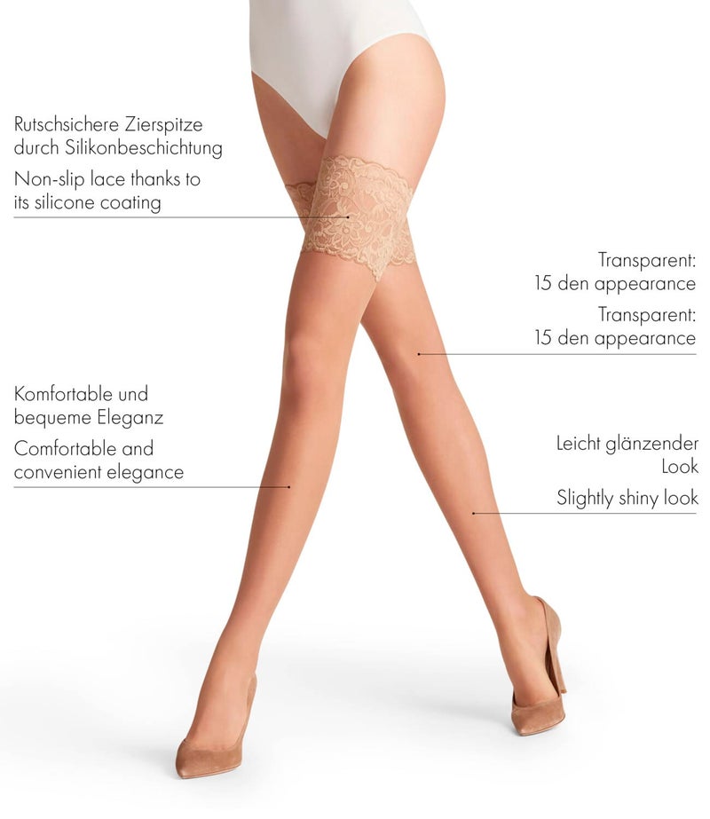 FALKE جوارب فالك النسائية سيدة جلات 15 دينير عالية الساق، حواف دانتيل زهرية مع قبضة غير قابلة للانزلاق، شفافة رقيقة، نايلون، أسود (أسود 3009)، S، 1 زوج - Image 2